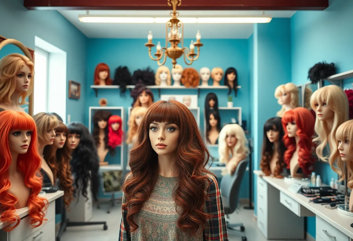 An artistic view of a wig studio filled with colorful wigs and hairpieces