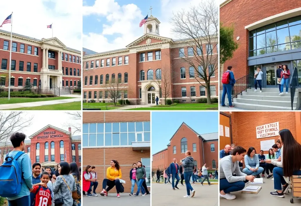 Collage of various public high schools in New York showcasing student activities and building facades.