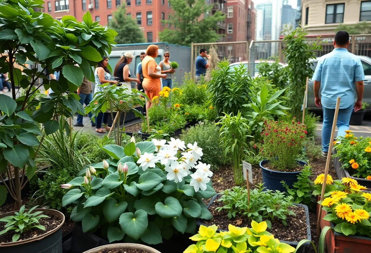 Community members working in a colorful garden in New York City.