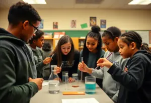 Students engaging in a science experiment in a New York public high school classroom.