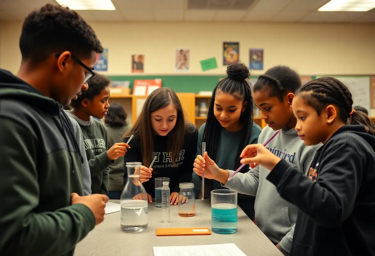 Students engaging in a science experiment in a New York public high school classroom.