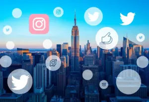 Aerial view of New York City skyline with social media icons