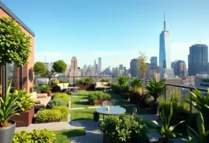 Rooftop garden with various plants and city skyline in NYC