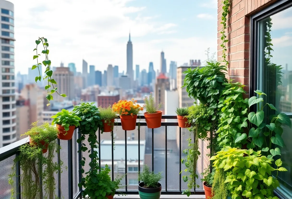 A lush vertical garden on a balcony in New York City.