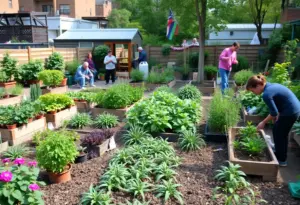 A community garden scene in New York City with diverse plants and community members.