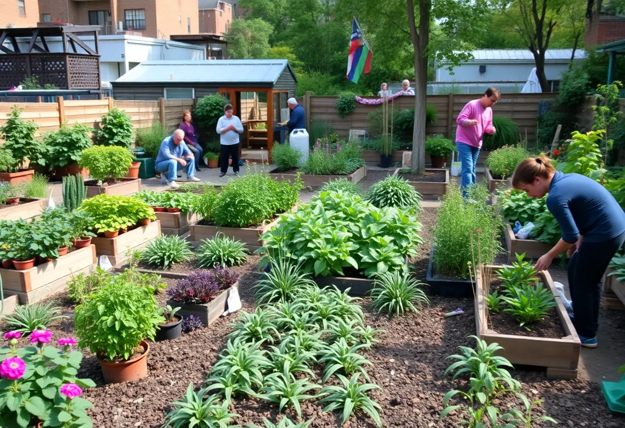A community garden scene in New York City with diverse plants and community members.