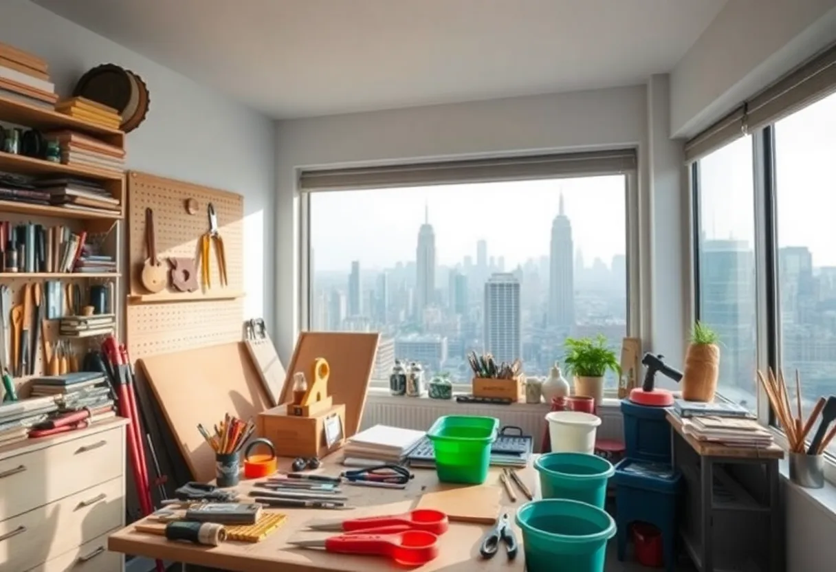 A well-lit DIY workspace in New York City with various tools and materials for home repairs.