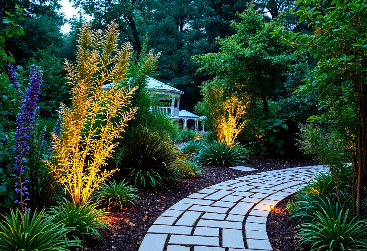 A charming garden pathway surrounded by native plants in New York