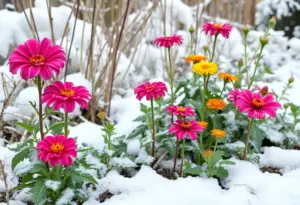 A variety of hardy plants thriving in a snow-covered garden.