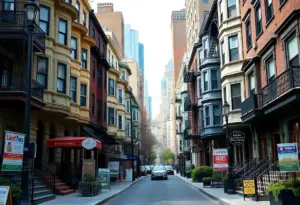 Real estate listings displayed in a New York City neighborhood