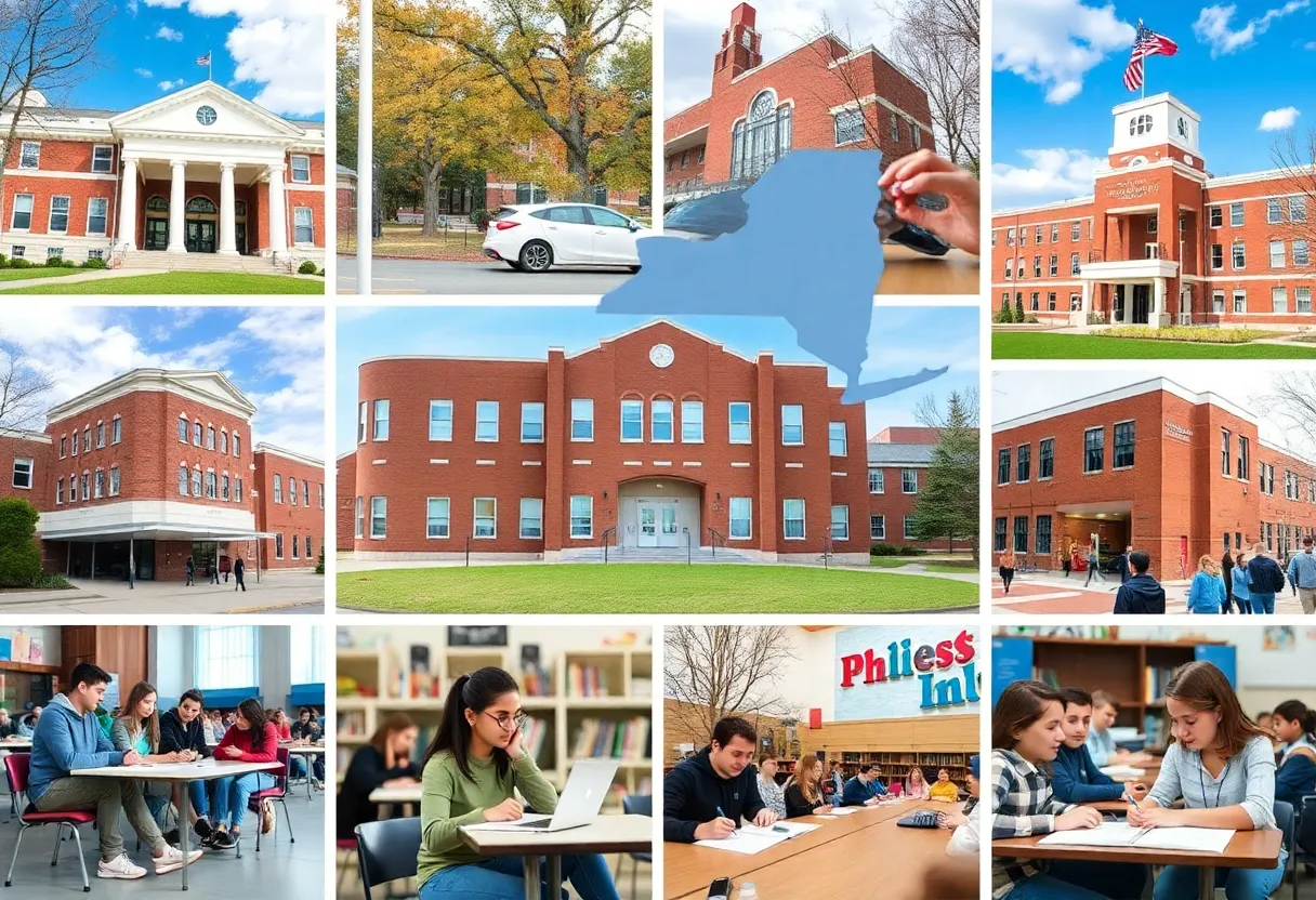 Public high schools in New York State featuring students and school buildings.
